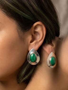 Vintage Sterling Silver Malachite Modernist Teardrop Post Earrings